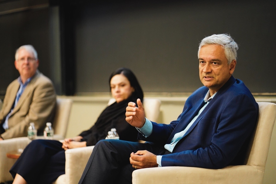Dean of Digital Learning Krishna Rajagopal (right) leads a panel discussion with J-WEL Workforce Learning Faculty Director George Westerman (left) and J-WEL pK-12 Associate Director Claudia Urrea.