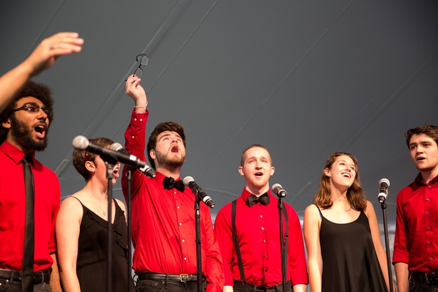 MIT’s choral group the Chorallaries lead the audience in singing “in praise of MIT.”