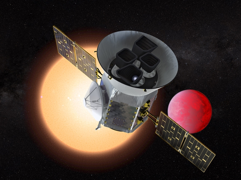 In this illustration, NASA's Transiting Exoplanet Survey Satellite (TESS) is seen in front of a lava planet orbiting its host star.