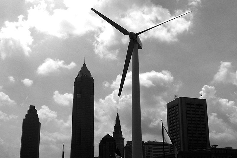 A wind turbine on the coast of Lake Erie in Cleveland, Ohio