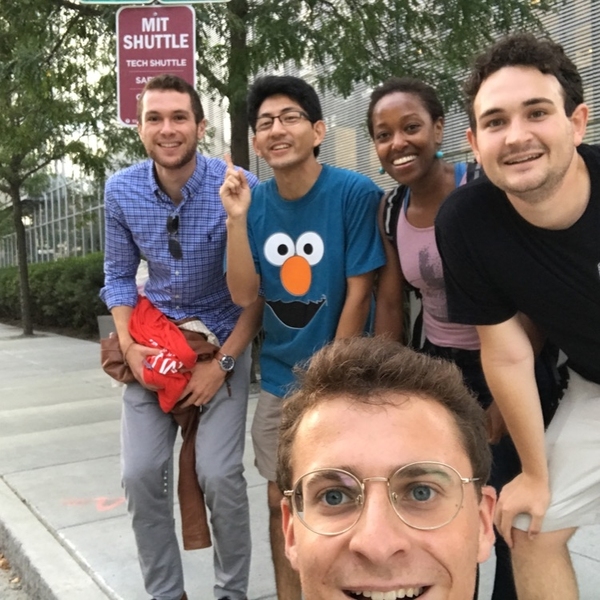 Teams in a campus-wide scavenger hunt had to document each location they found with a selfie. Here, the We Eat Rocks team proves they know how to catch the Tech Shuttle.