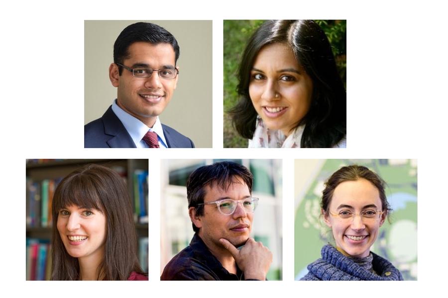 Newly-tenured faculty in the School of Humanities, Arts, and Social Sciences: (clockwise from top left) Nikhil Agarwal, Sana Aiyar, Miriam Schoenfield, F. Daniel Hidalgo, and Stephanie Frampton.
