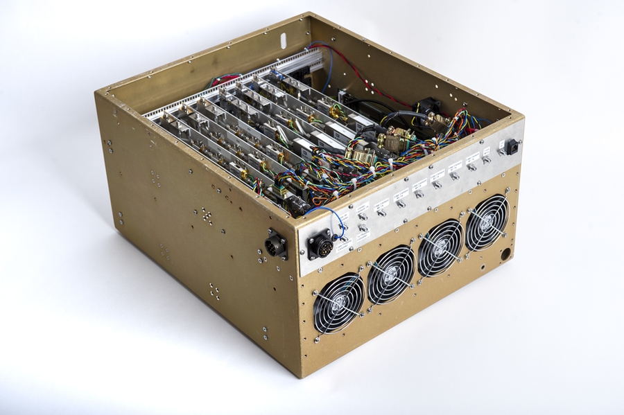 Shown are all the electronics and signal processing hardware to implement the functions of the in-band full-duplex phased-array antenna system.