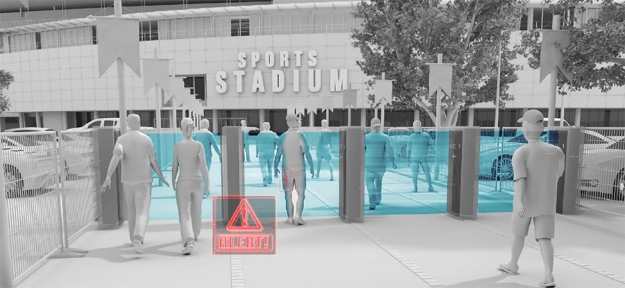 This computer rendering shows the HEXWAVE system in use at a sports stadium.