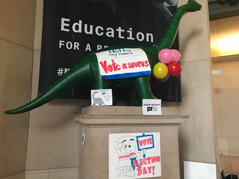 The MIT Vote-a-saurus in Lobby 7 helped encourage students to register to vote.