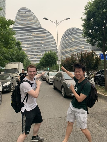 MIT senior Max Allen (left) poses with Yale University student Jason Chen during visit to technology companies in one of Beijing's most innovative districts. 