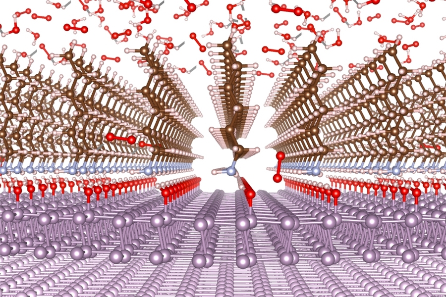 This diagram shows an edge-on view of the molecular structure of the new coating material. The thin layered material being coated is shown in violet at bottom, and the ambient air is shown as the scattered molecules of oxygen and water at the top. The dark layer in between is the protective material, which allows some oxygen (red)  through, forming an oxide layer below that provides added protecti...
