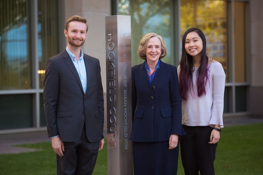 Left to right: Susan Hockfield with two of her former first-year advisees, Jesse D. Kirkpatrick ’15 and Susan Su ’22