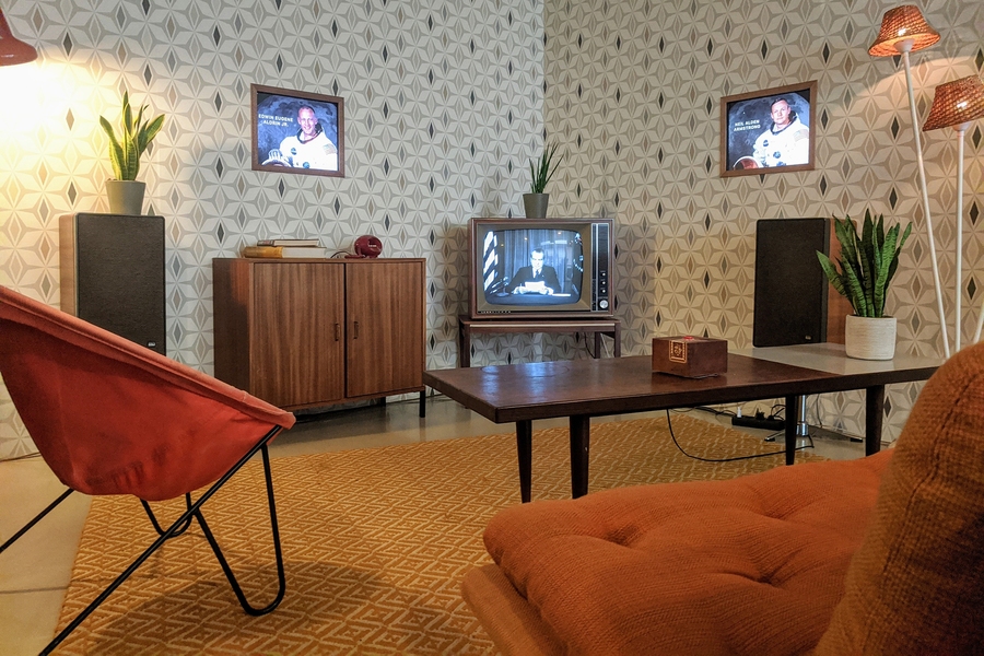 Installed in a 1960s-era living room, "In Event of Moon Disaster" reimagines the story of the first moon landing as if the Apollo 11 astronauts had not been able to return to Earth. It was created to highlight the concern about computer-based misinformation, or "deepfakes."