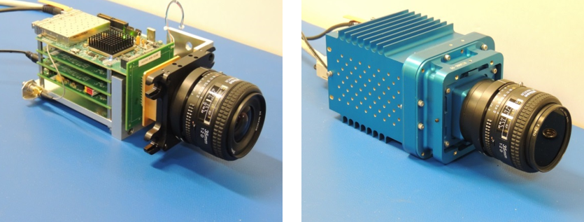 The Dual-Mode Imaging Receiver camera lens and electronics are seen on the left (only two of the four circuit boards in the chassis are populated, the other two are available for additional functions). The image at right shows the camera in the aluminum housing designed for extreme environments.