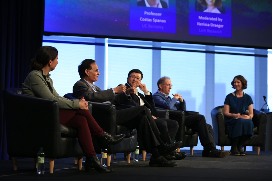 A faculty panel on graduating to smart systems included (l-r) Anette "Peko" Hosoi of MIT, Krishna Saraswat of Stanford University, Huaqiang Wu of Tsinghua University, and Costas Spanos of UC Berkeley. The panel was moderated by Nerissa Draeger, director of global university engagements at Lam Research.