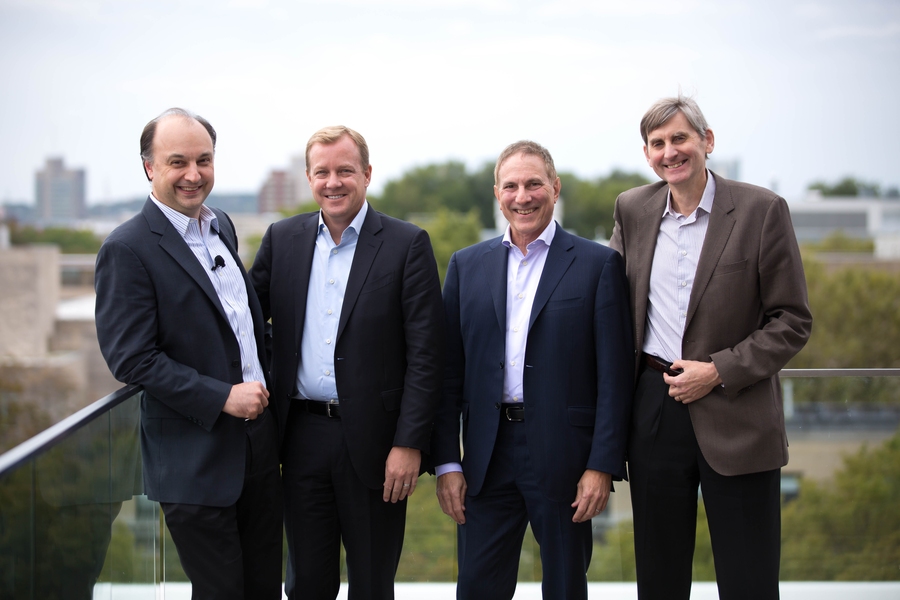 Left to right: Vladimir Bulović, the founding faculty director of MIT.nano and the Fariborz Maseeh (1990) Professor in Emerging Technology at MIT; Tim Archer, president and CEO of Lam Research; Rick Gottscho, executive vice president and CTO of Lam Research; and Jesús del Alamo, professor of electrical engineering and computer science and former faculty director of the Microsystems Technology La...