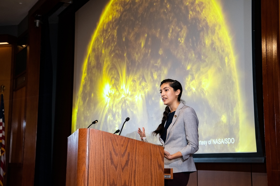 Natalia Guerrero, technical staff member at the MIT Kavli Institute for Astrophysics and Space Research, delivers the keynote address at Lincoln Laboratory's Hispanic Heritage Month event. 