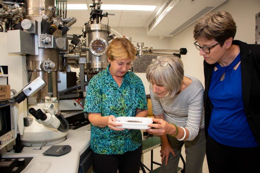 Professor Frances Ross (left), the Ellen Swallow Richards Professor in Materials Science and Engineering, explains her innovative electron microscopy techniques to Materials Research Laboratory Research Specialist Libby Shaw and Financial Operations Manager Cathy Borgesen.