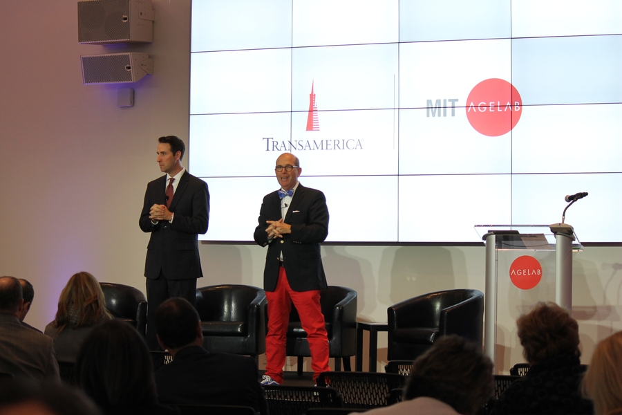 MIT AgeLab Director Joseph Coughlin (right) and Transamerica’s Brian Forbes provide remarks at a daylong MIT symposium on caregiving.