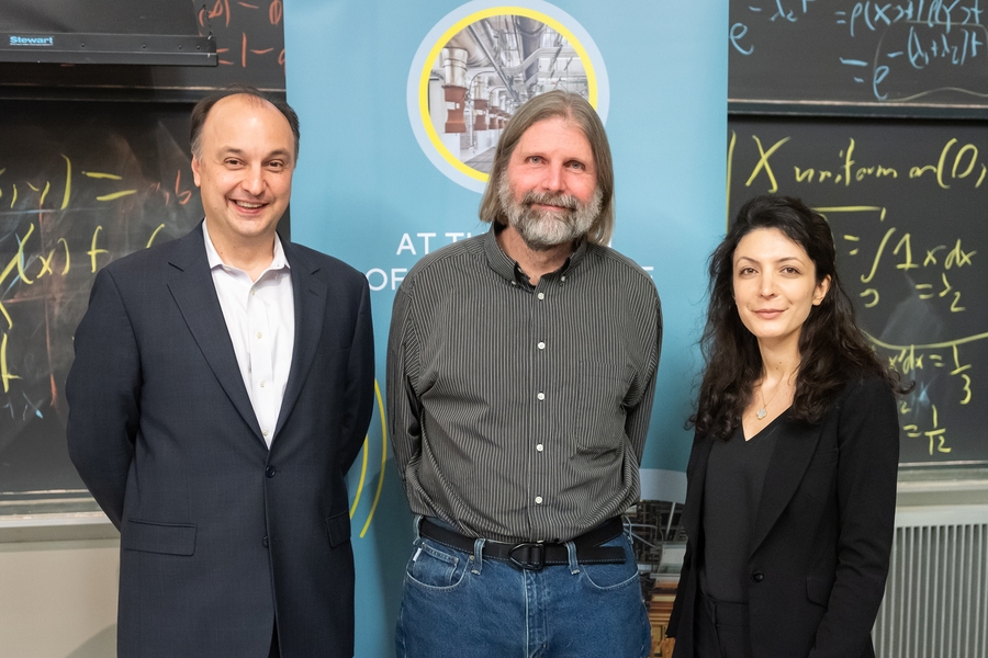 Left to right: Vladimir Bulović, Paul McEuen, and Farnaz Niroui, organizer of the MIT.nano Seminar Series and assistant professor in the Department of Electrical Engineering and Computer Science.