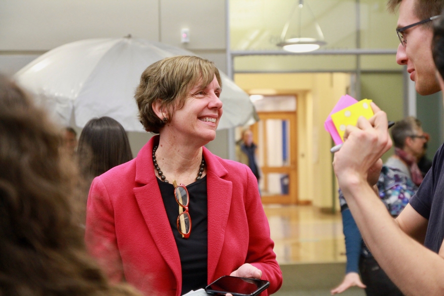 Vice President and Dean for Student Life Suzy Nelson (left) speaks with UA Innovation Committee Chair Malte Ahrens.