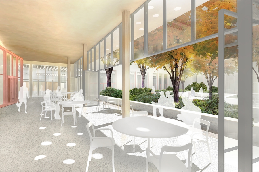If funding is secured, Building 14’s central courtyard will be renovated at the same time as the library. The proposed design incorporates new landscaping and a covered seating area along the east end for multi-season use. 