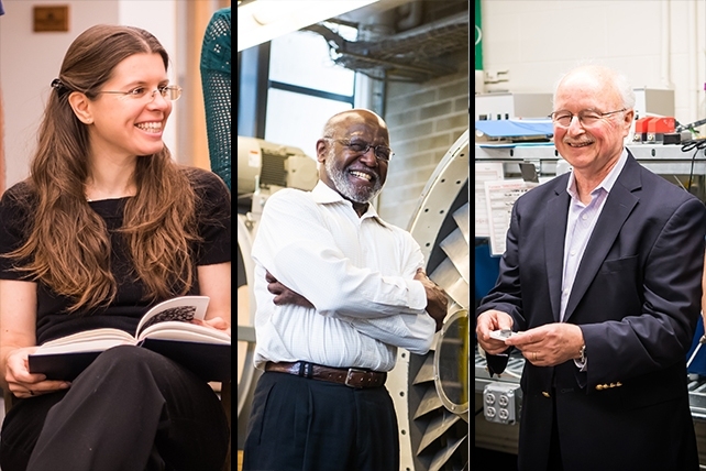 Left to right: MIT faculty members Anna Frebel, Wesley Harris, and Harry Tuller are recognized as “Committed to Caring.”