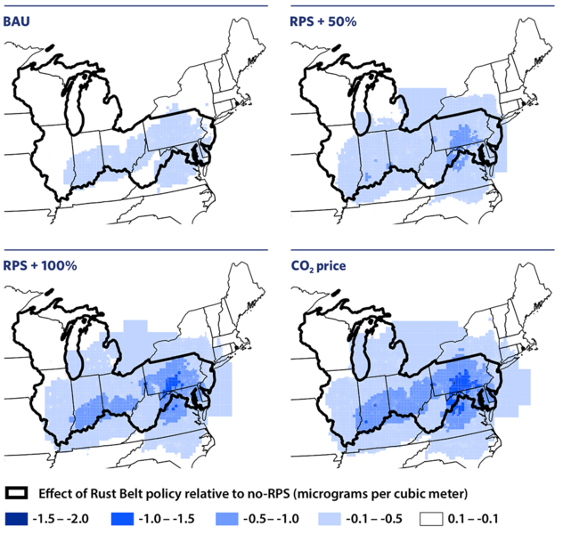 Figure 2: These maps show how four policy scenarios would affect PM2.5 concentrations in 2030 relative to the outcome if all energy policies had been repealed in 2015.