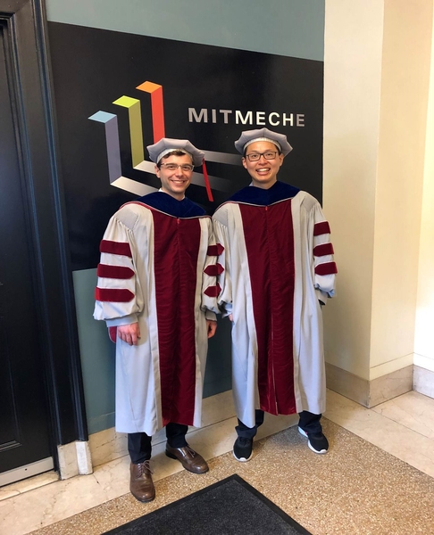 This month, Nick Demas (left) began working as an advanced mechanical engineer with Boston Dynamics. In fall 2019, Jerry Wang (right) started as an assistant professor at Carnegie Mellon University in the Department of Civil and Environmental Engineering, where he directs the Lab for Mechanics of Materials via Molecular and Multiscale Methods.