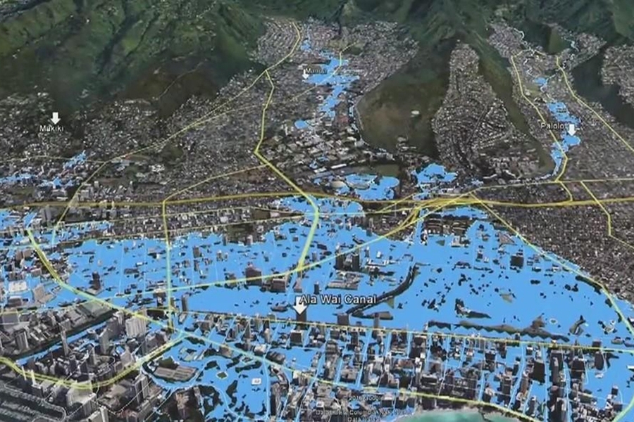An Army Corps of Engineers flood model depicting the Ala Wai watershed after a 100-year rain event. The owner of a local design firm described the Ala Wai Flood Control Project as the largest climate impact project in Hawai's modern history.