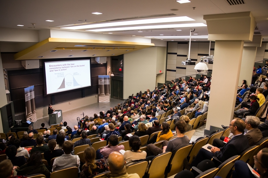 Susan Silbey, the Leon and Anne Goldberg Professor of Humanities, Sociology and Anthropology, and Professor of Behavioral and Policy Sciences at the Sloan School of Management, explains her research while delivering the 48th Annual James R. Killian, Jr. Faculty Achievement Award Lecture at MIT on Tuesday, February 11, 2020.