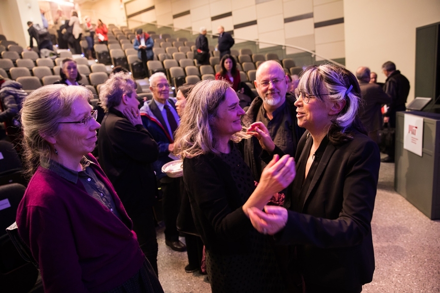 (Left to right, in front) Anne McCants, professor of history at MIT; Heather Paxson, the William R. Kenan, Jr. Professor of Anthropology at MIT; and Stefan Helmreich, Elting E. Morison Professor of Anthropology, and program head in Anthropology, all talk to Susan Silbey, the Leon and Anne Goldberg Professor of Humanities, Sociology and Anthropology, and Professor of Behavioral and Policy Sciences ...