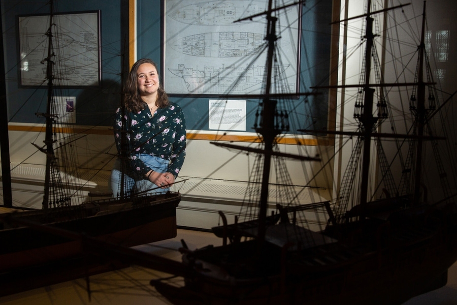 “I think ocean engineering as a field is really interesting because it marries the holistic side of living on planet Earth with solving all the technical challenges mechanical engineers face,” says Michelle Kornberg, pictured standing in MIT’s Hart Nautical Gallery.