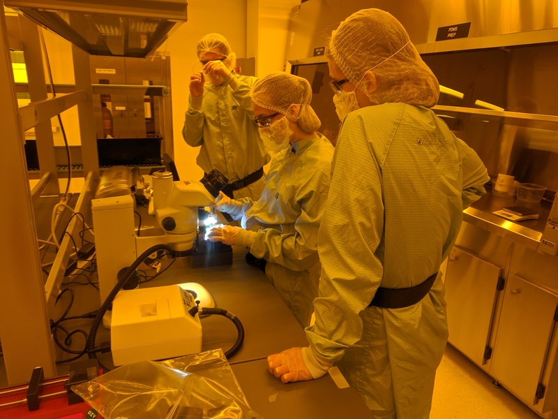 The students used a PDMS coring device to create .7mm microfluidic channels in the MIT.nano soft lithography space.