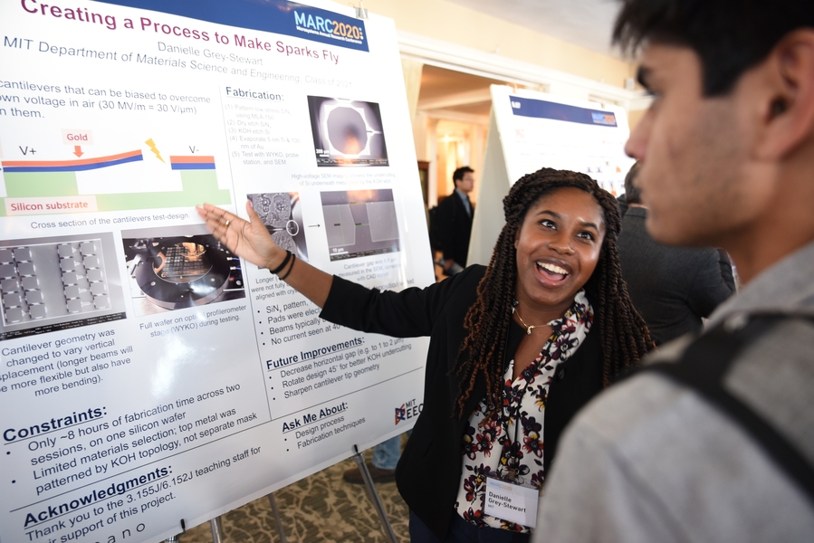 Danielle Grey-Stewart, an undergraduate in EECS, presents her project, “Low-Cost Protocol to Relate Breakdown Voltage and Vertical Displacement in SiNx-Au Microcantilevers” at the Microsystems Annual Research Conference.