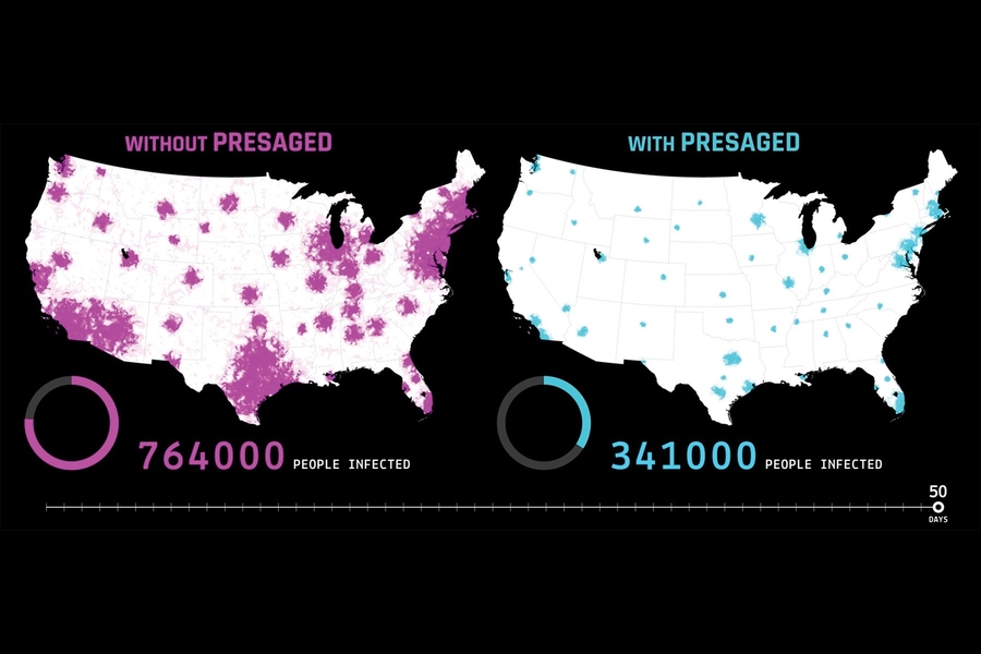 This graphic of a simulated disease outbreak illustrates how a rapid public health response triggered by PRESAGED's early warning of pathogen exposures can significantly reduce the spread of a disease.