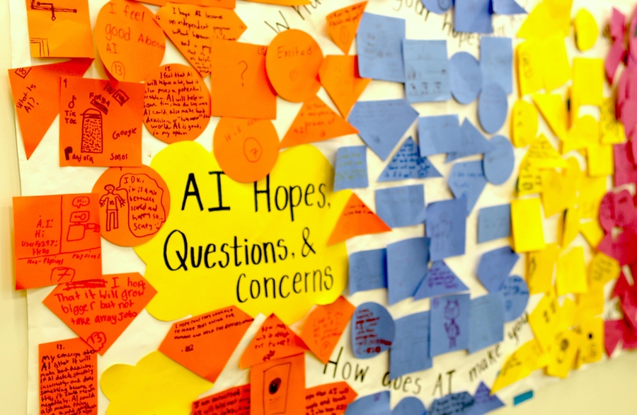 A mural of hopes and questions about artificial intelligence from a middle school workshop