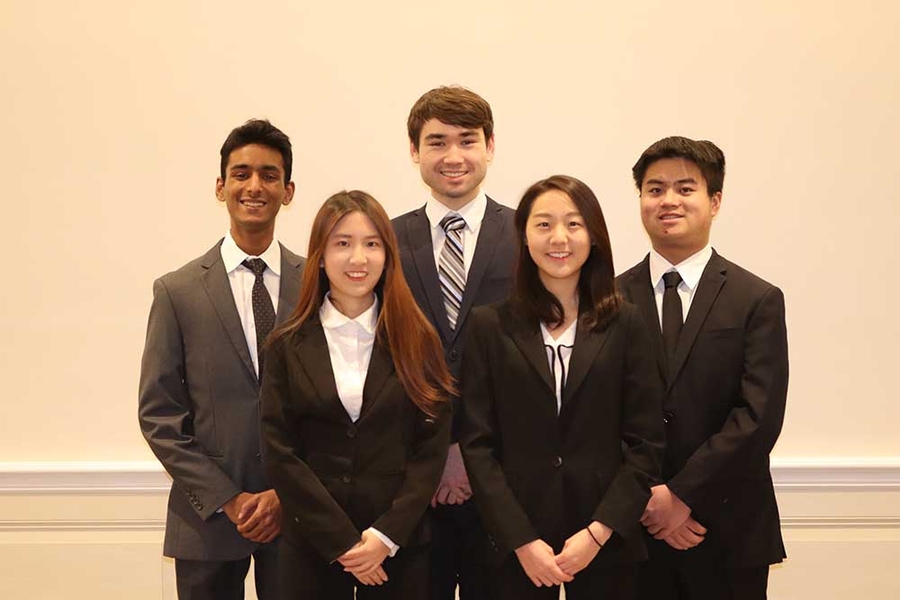 Left to right: Siddharth Iyer, Jasmine Hu, Mathias Insley, Diane Lee, and Eric Lin of Johns Hopkins University are the $10,000 Lemelson-MIT Student Prize “Cure it!” Undergraduate Team Winner for their new material that can quickly expand to many times its size, resulting in an inexpensive and simple way to permanently stop a patient from bleeding internally.