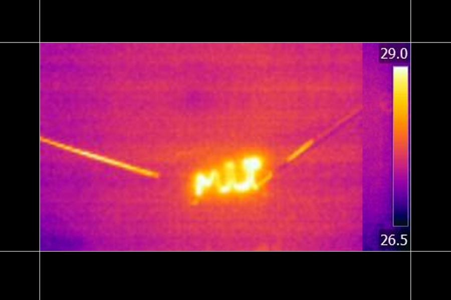 Infrared (heat) image shows a heating device made from steam-cracked tar, annealed with a laser, which  was formed into an MIT logo to demonstrate the controllability of the process.