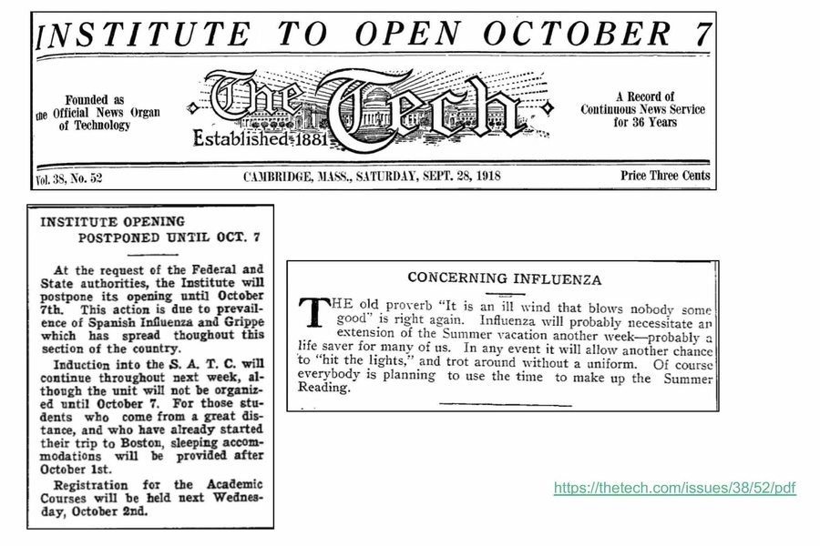 The Sept. 28, 1918, issue of the The Tech announces the delayed start of the fall term due to the influenza pandemic.