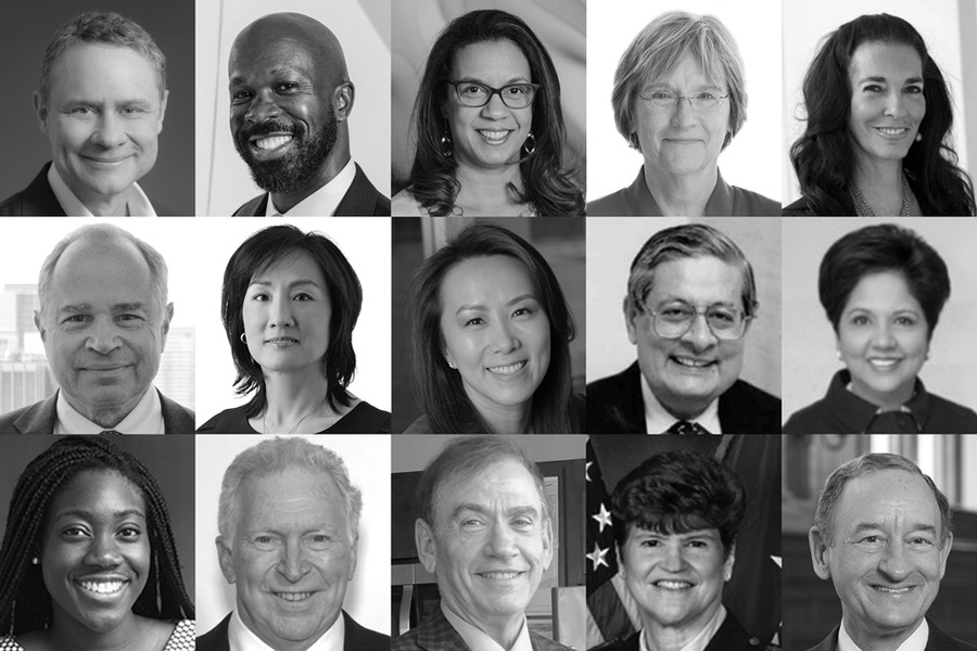 Top row (left-right): Wesley G. Bush ’83; R. Erich Caulfield SM ’01, PhD ’06; Heather Cogdell ’89; Drew Faust; Orit Gadiesh. Middle row: Jeffrey S. Halis ’76, SM ’76; Michelle K. Lee ’89, SM ’89; Adrianna C. Ma ’96, MEng ’96; Victor J. Menezes SM ’72; Indra Nooyi. Bottom row: Adedoyin Olateru-Olagbegi ’20; Phillip T. Ragon ’72; Jeffrey L. Silverman ’68; Janet C. Wolfenb...