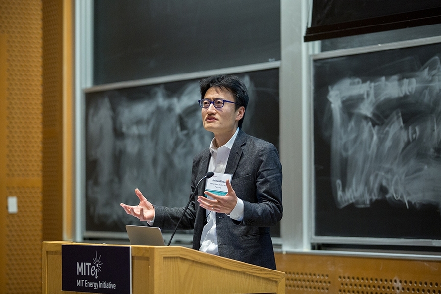 Associate Professor Jinhua Zhao speaks at the November 2019 Mobility of the Future study launch event at MIT. In his talk, he focused on the role of public policy in shaping the future of personal mobility in urban areas. 