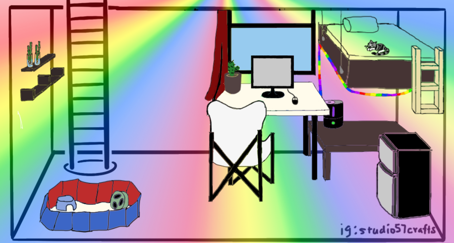 Jenny Zhang's Tunnel66 room. "This is a decently accurate representation of my room in East Campus: I have a hanging loft, shelves, rainbow LED lights, a spiky cat (hedgehog) that lives in the kiddie pool in the bottom left corner, and I'm a proud plant mom."