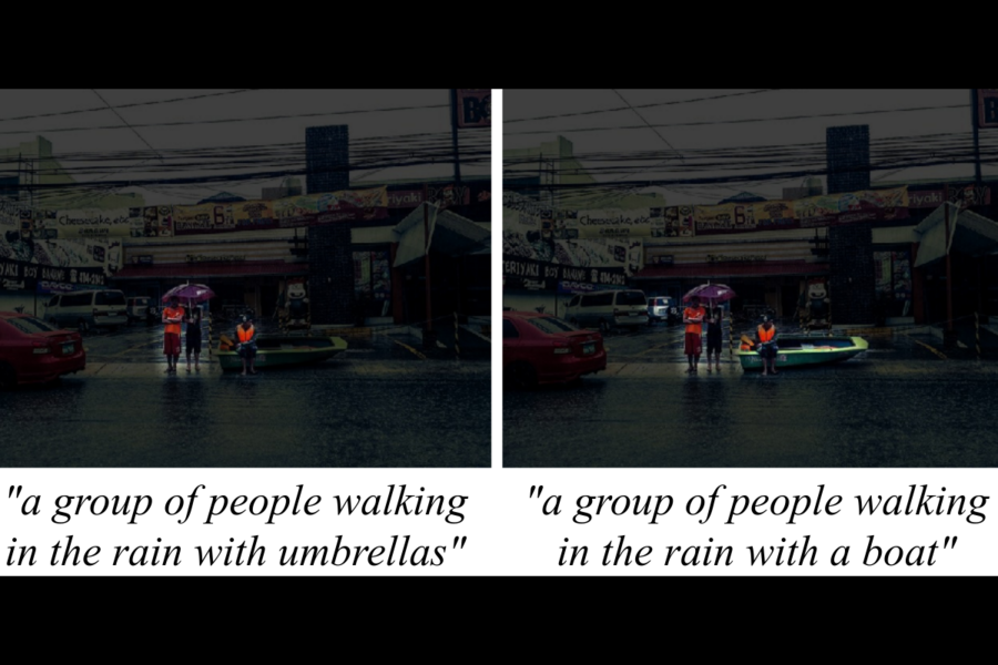 Customized photo captioning is one application for the work. At left, a caption meant for split-second viewing of an image focuses on the main subject — people walking in the rain with umbrellas. A caption meant for longer viewing (right) might highlight details like the stranded boat at their feet.