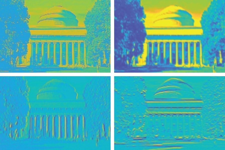 A new MIT-fabricated “brain-on-a-chip” reprocessed an image of MIT’s Killian Court, including sharpening and blurring the image, more reliably than existing neuromorphic designs.