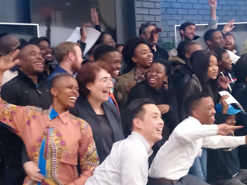Professor Hazel Sive (front, second from left) visits Tshimologing, a digitial innovation precinct in Johannesburg, South Africa, with some 2019 Global Startup Labs participants.