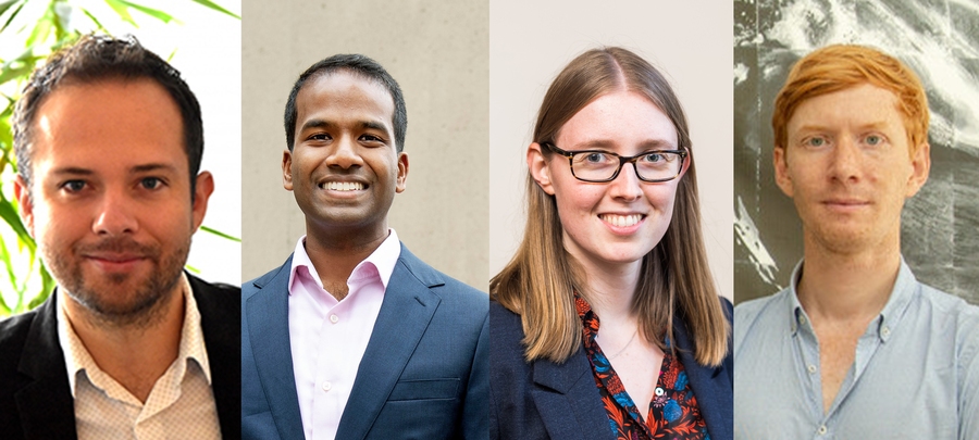 MIT's Department of Energy 2020 Early Career Research Program winners: (left to right) Ronald Fernando Garcia Ruiz, Karthish Manthiram, Phiala Shanahan, and Wim van Rees.