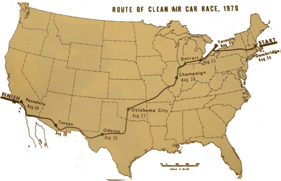 Map of the United States detailing the Clean Air Car Race's route from Cambridge to Pasadena
