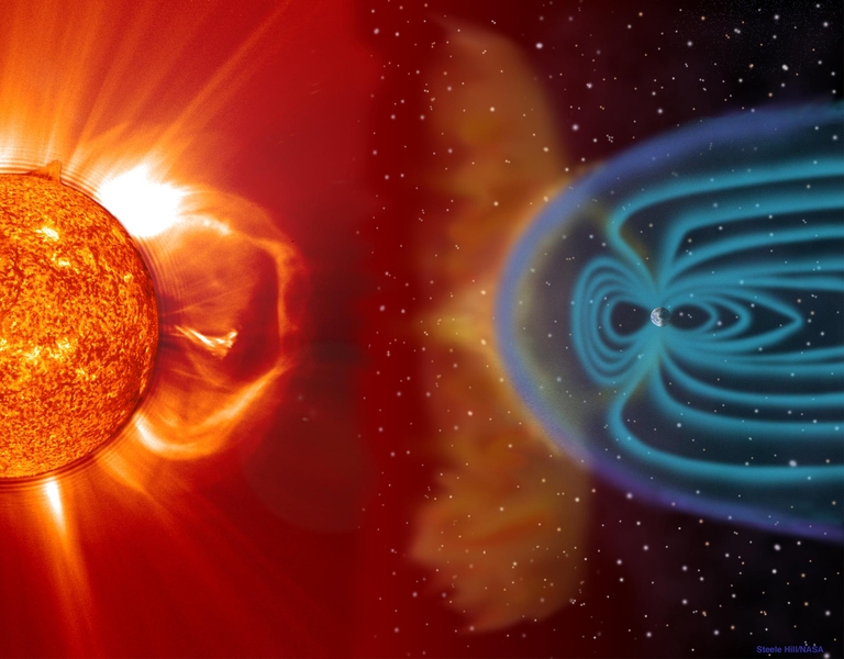Rendering of coronal mass ejection interacting with Earth's atmosphere