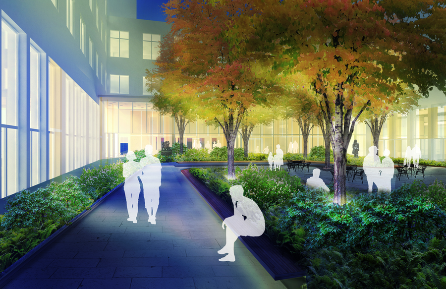 Architectural rendering showing the outlines of people in an outdoor courtyard