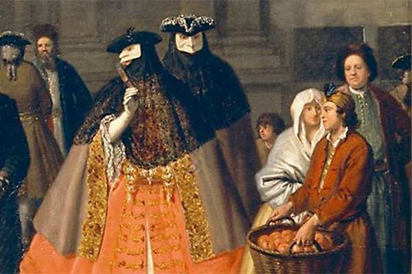 Painting featuring two adults wearing white masks over black head coverings, while unmasked townsfolk look on