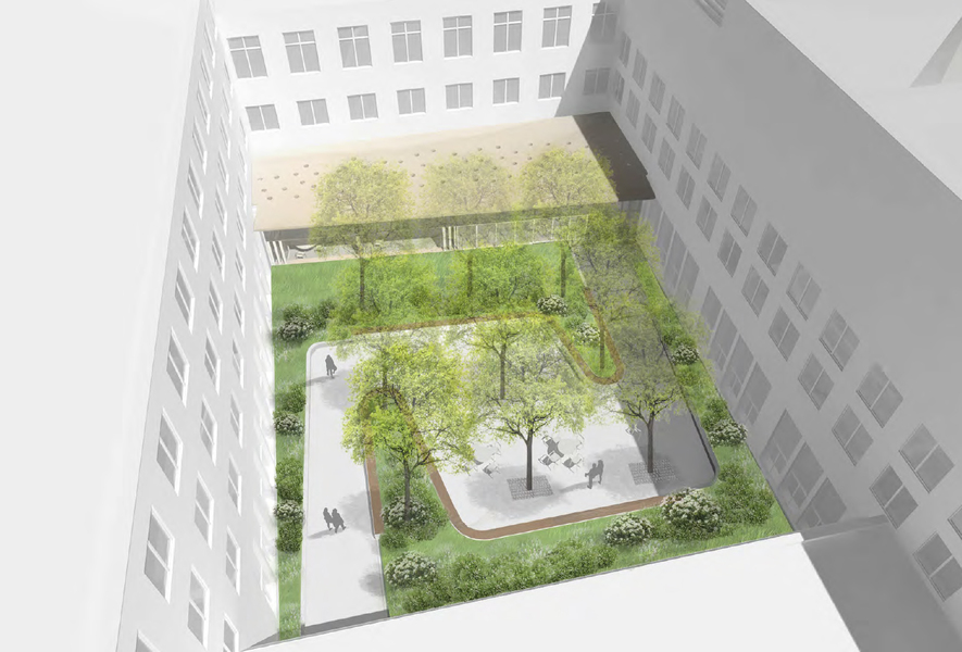 Architectural rendering showing the courtyard in Building 14 from above