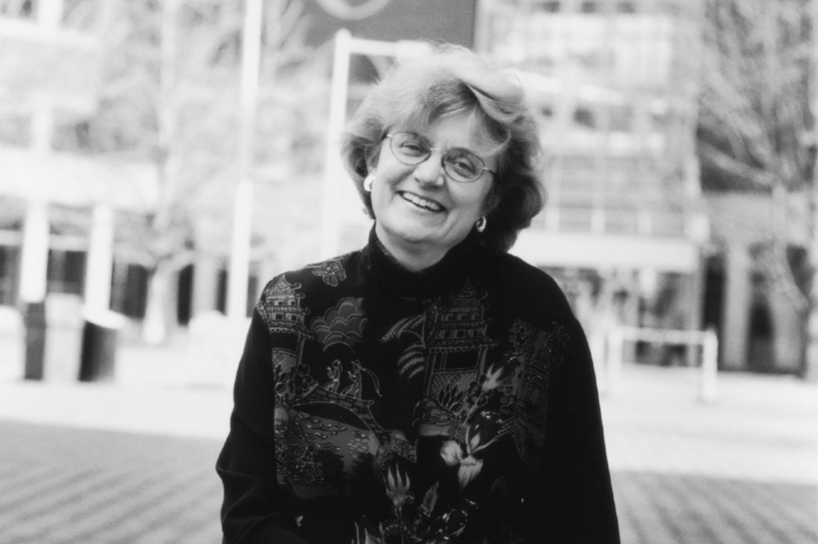 Circa 1999 black and white photo of Nancy Hopkins smiling