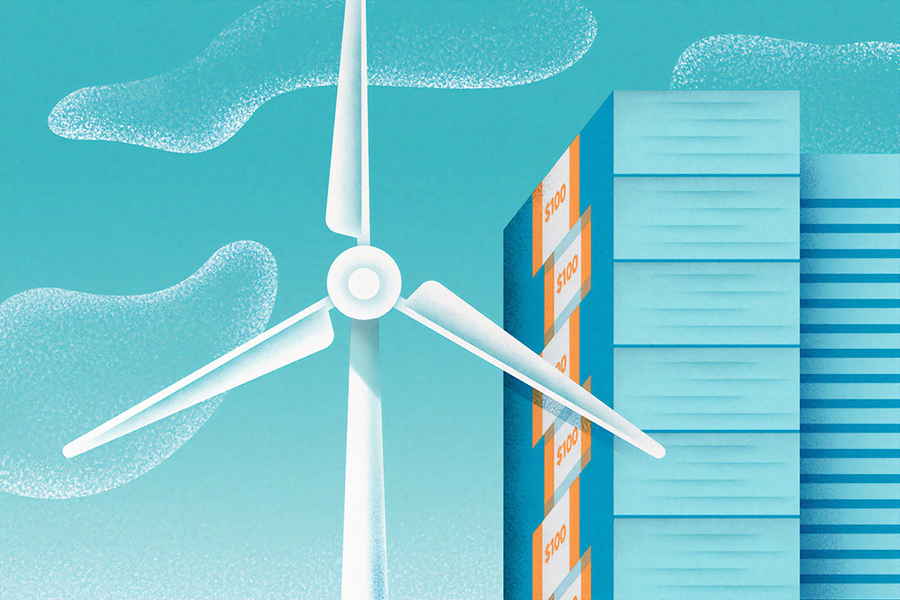 Illustration of a wind turbine powering a building